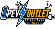 A stylized logo reading 'PEV OUTLET' with the tagline 'DO YOU EVEN RIDE?' on a black background. The design includes a blue battery icon, a blue lightning bolt, yellow and white lettering, and small scooter/bike illustrations.
