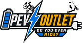 A stylized logo reading 'PEV OUTLET' with the tagline 'DO YOU EVEN RIDE?' on a black background. The design includes a blue battery icon, a blue lightning bolt, yellow and white lettering, and small scooter/bike illustrations.