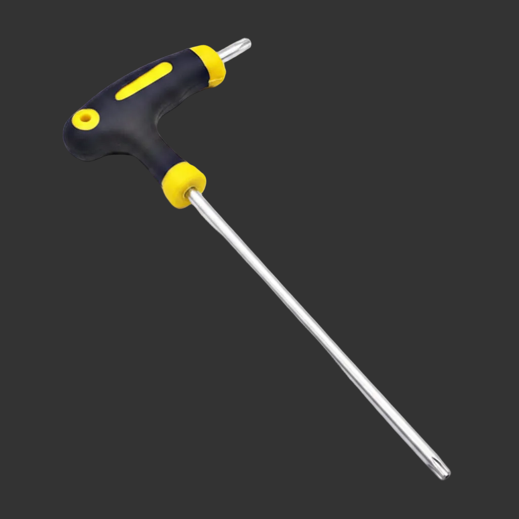 An L shaped chrome torx wrench with yellow and black handle 