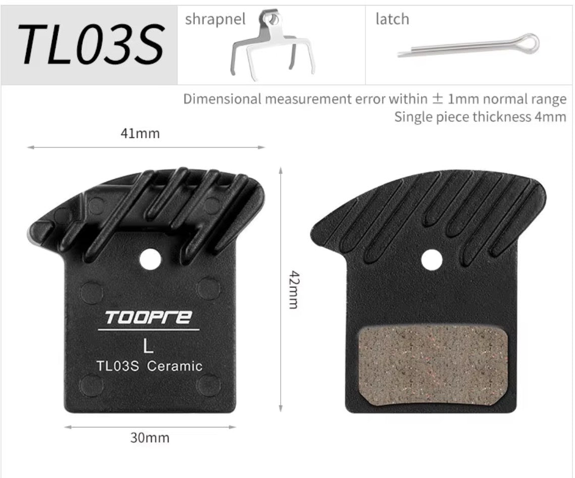 Scooter brake pads with dimensions and TOOPRE branding on a white background