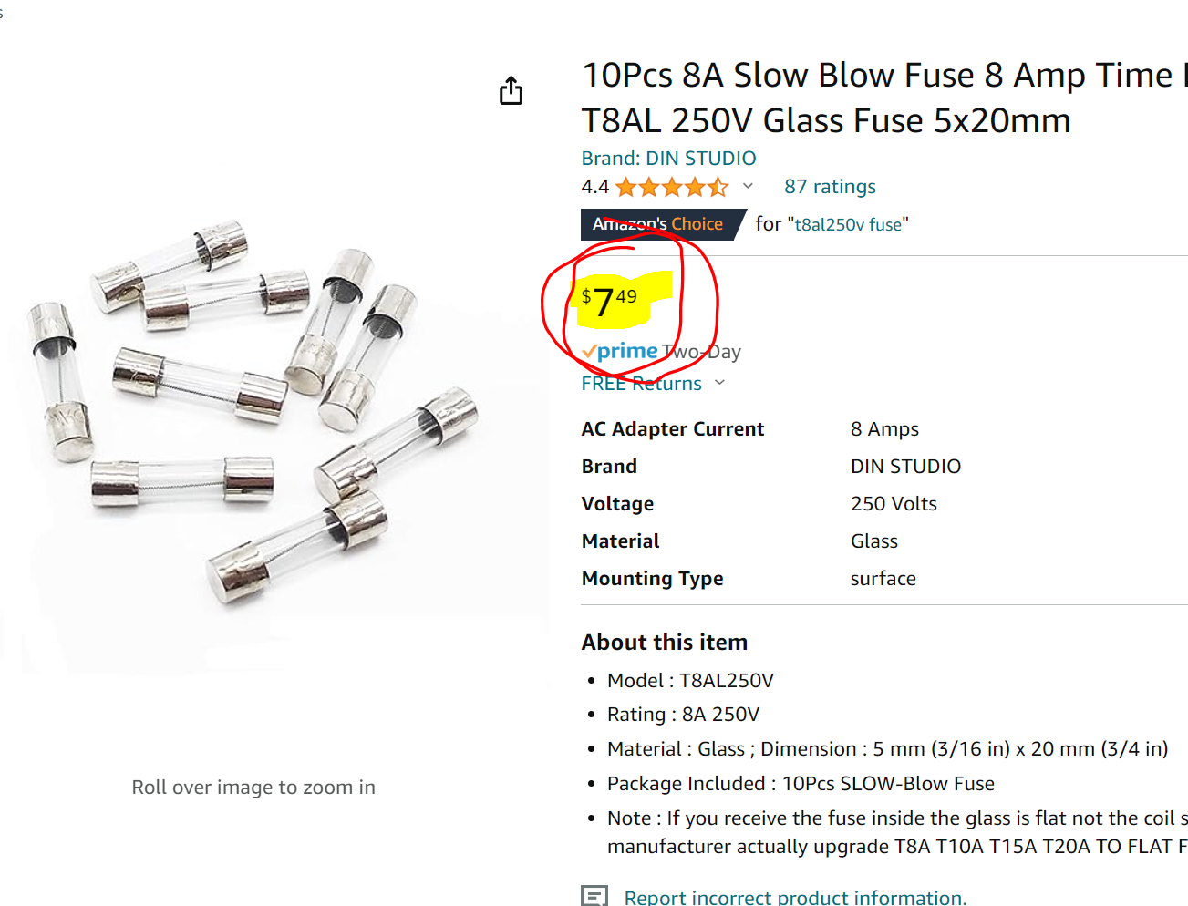 8 Amp Kaabo Charge Port Fuse (10 pack) image 1