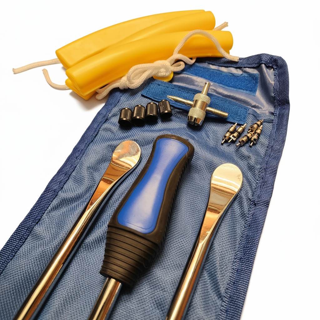 A set of metal tool accessories laid out on a blue fabric pouch, including two long metal spatulas, a blue-and-black handled tool, small black and silver hardware pieces, and a folded yellow rubber-like piece with white cord. The photo is shot on a clean white background.