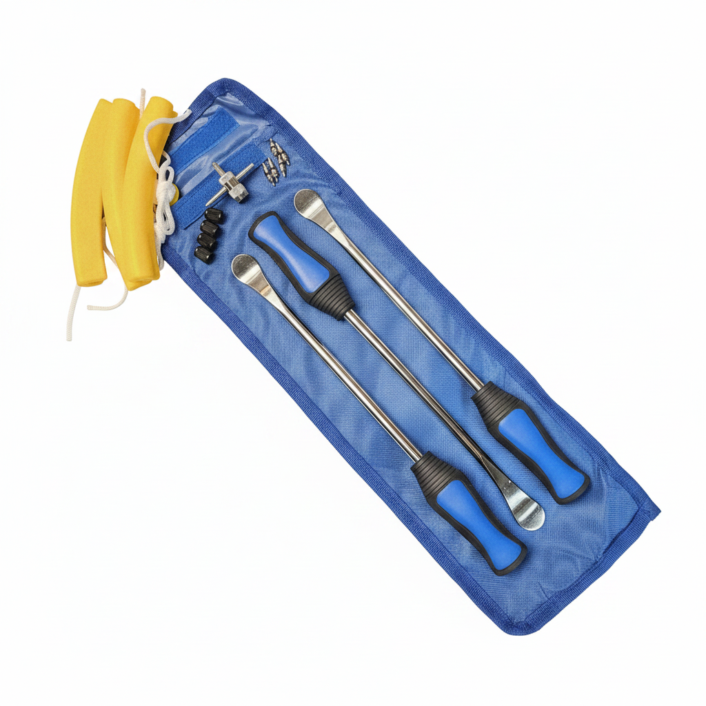 Complete kit for electric scooter & e-bike tire changes. Levers, valve stem caps, valve core replacements, tire rim slips, and blue carrying bag. 